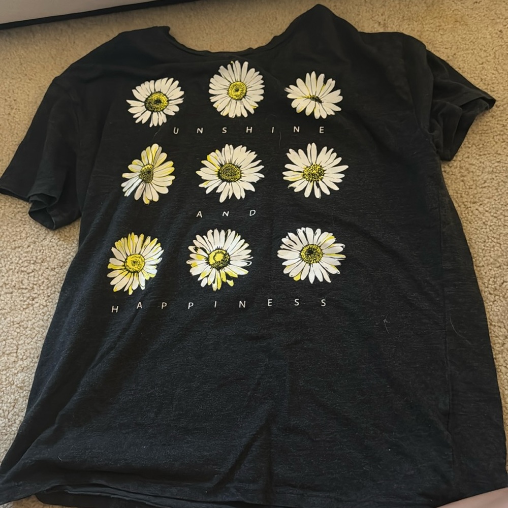 Black flower shirt. “Sunshine and Happiness”
